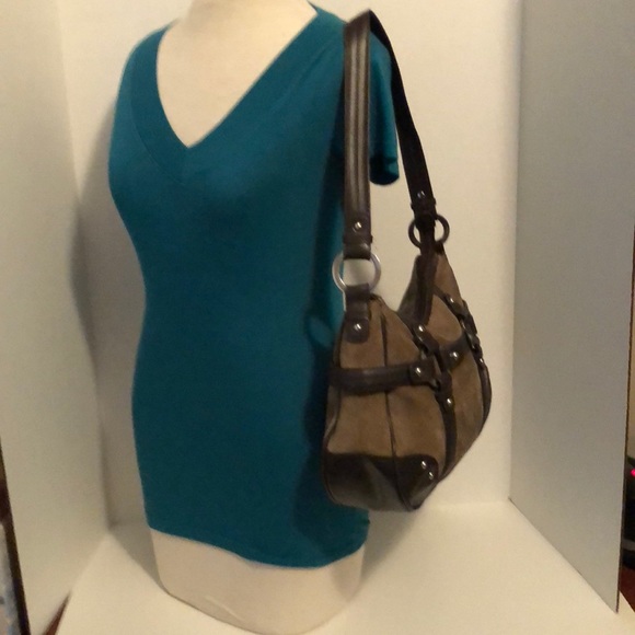 Wilsons Suede Leather Shoulder Handbag Brown Green - Picture 3 of 8